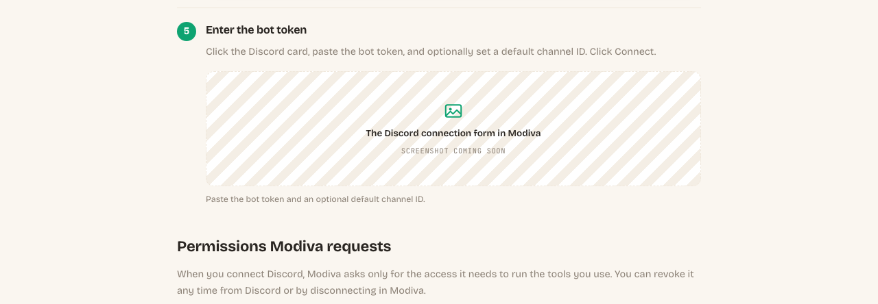 The Discord connection form in Modiva