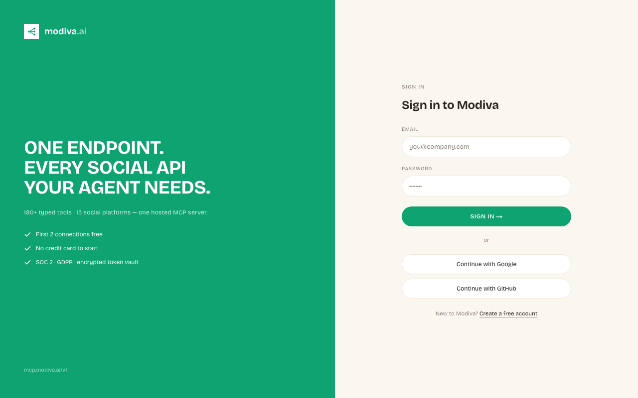 The Modiva dashboard after signing in